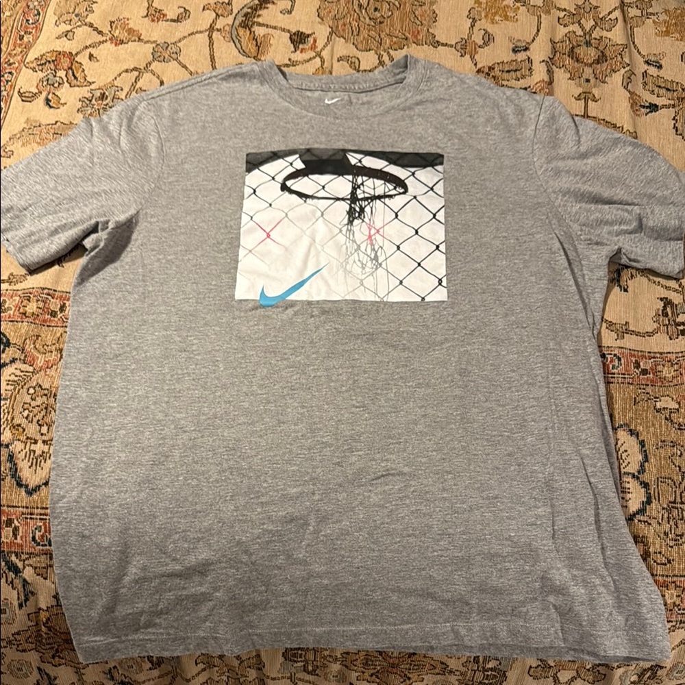 Nike Gray T-Shirt with Blue Logo and Hoop Graphic